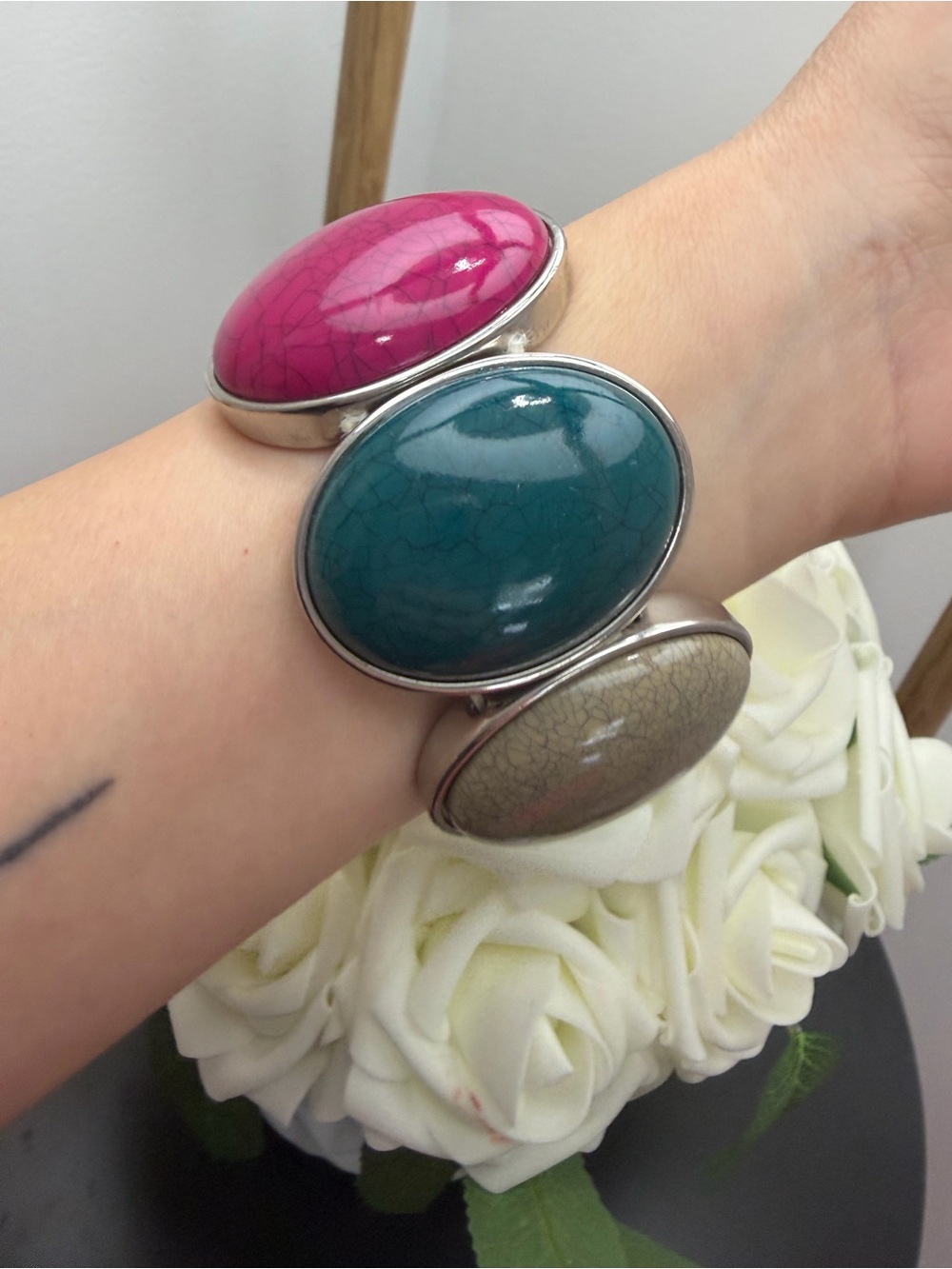 Vintage Triple Stone Statement Bracelet - Pink, Teal & Taupe